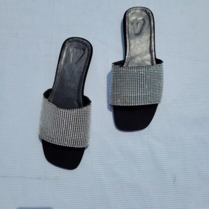 Crystal-Embellished Black Slide Slippers